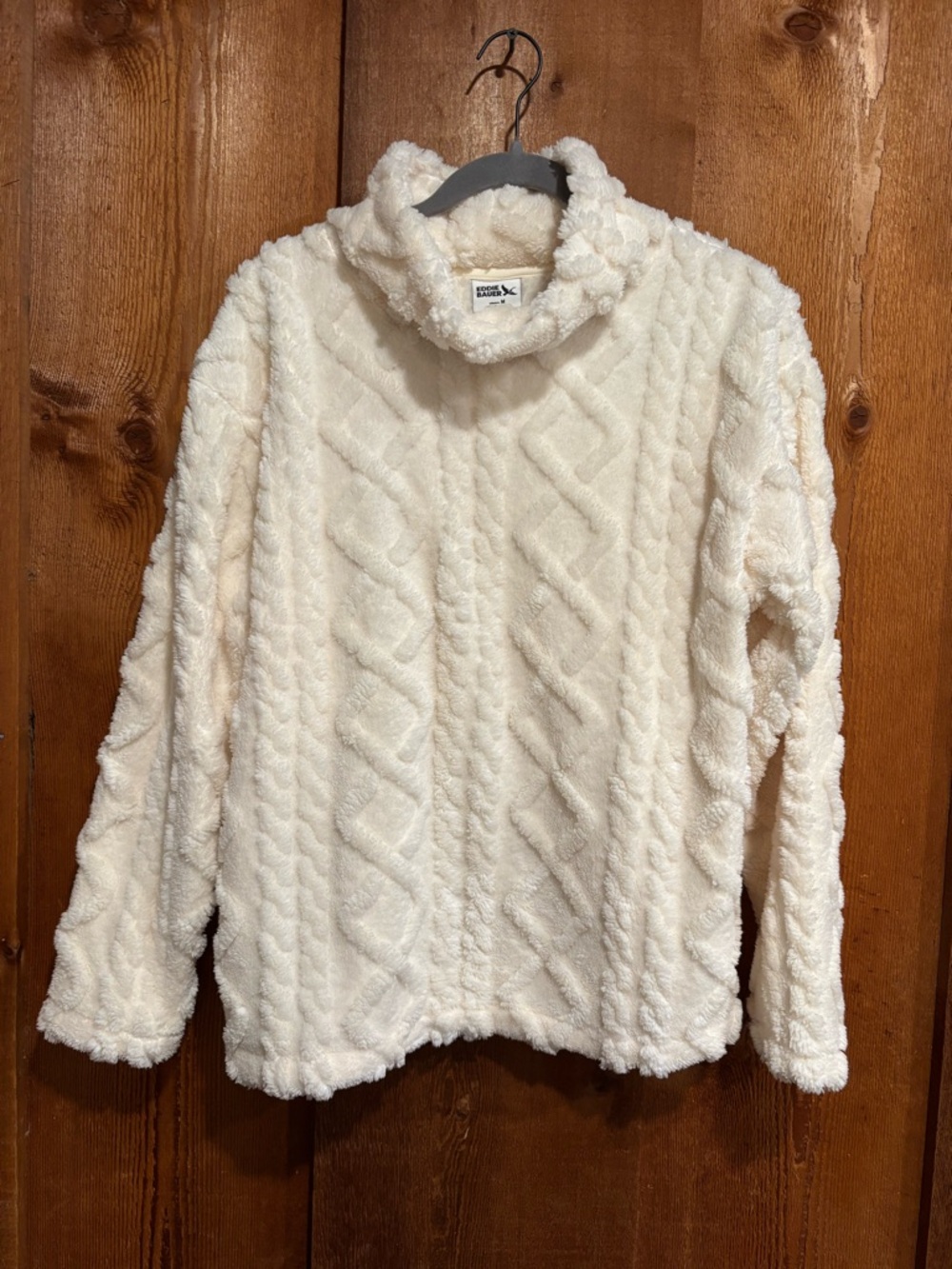 Eddie Bauer Cable Knit Like New Fleece Funnel Neck Pullover Sweater Cream Medium